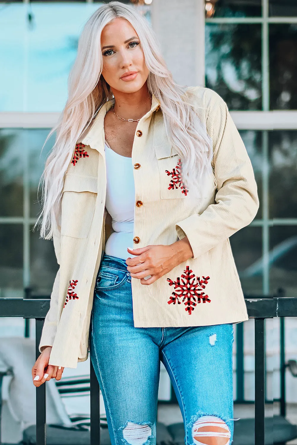 Beige Christmas Snowflakes Corduroy Jacket
