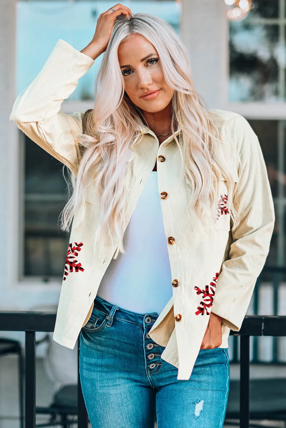 Beige Christmas Snowflakes Corduroy Jacket