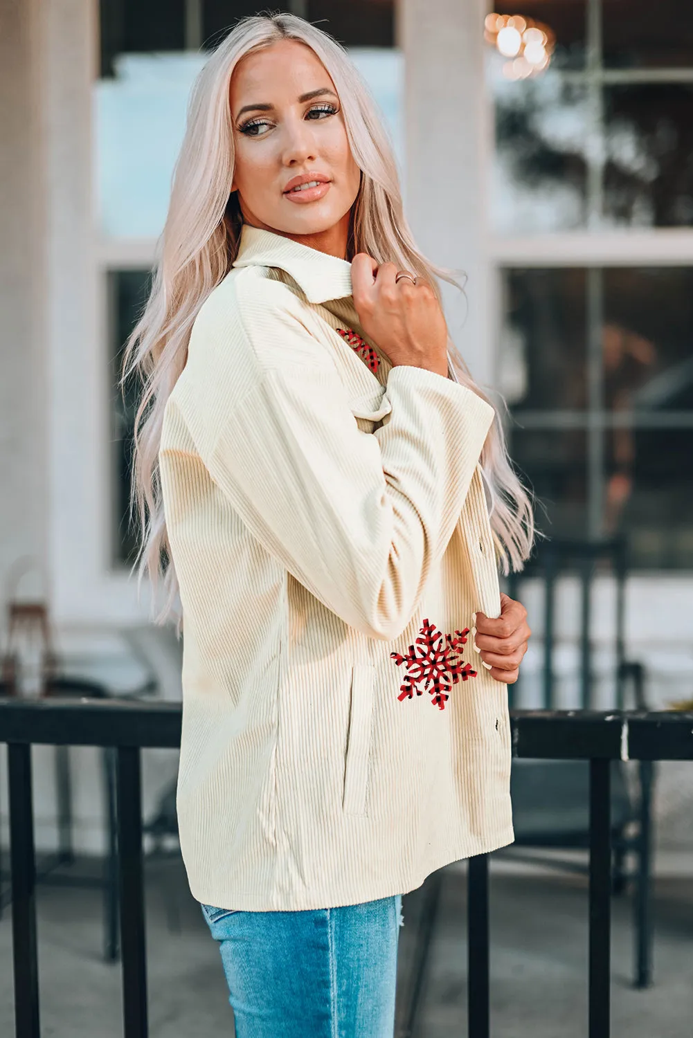 Beige Christmas Snowflakes Corduroy Jacket