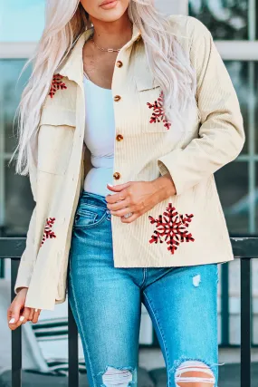 Beige Christmas Snowflakes Corduroy Jacket