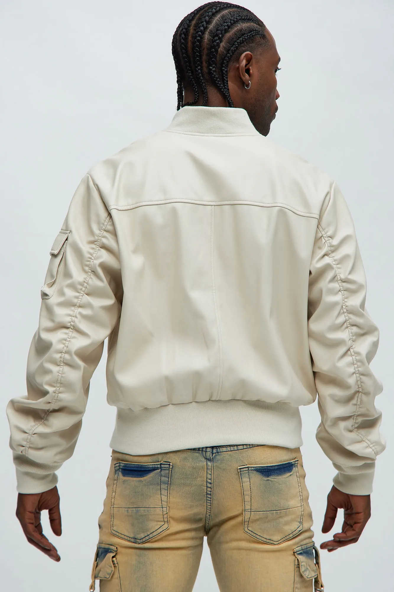 Birmingham Faux Leather Bomber Jacket - Off White