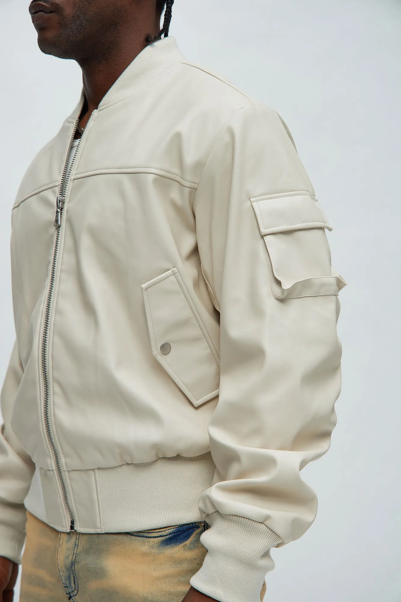 Birmingham Faux Leather Bomber Jacket - Off White