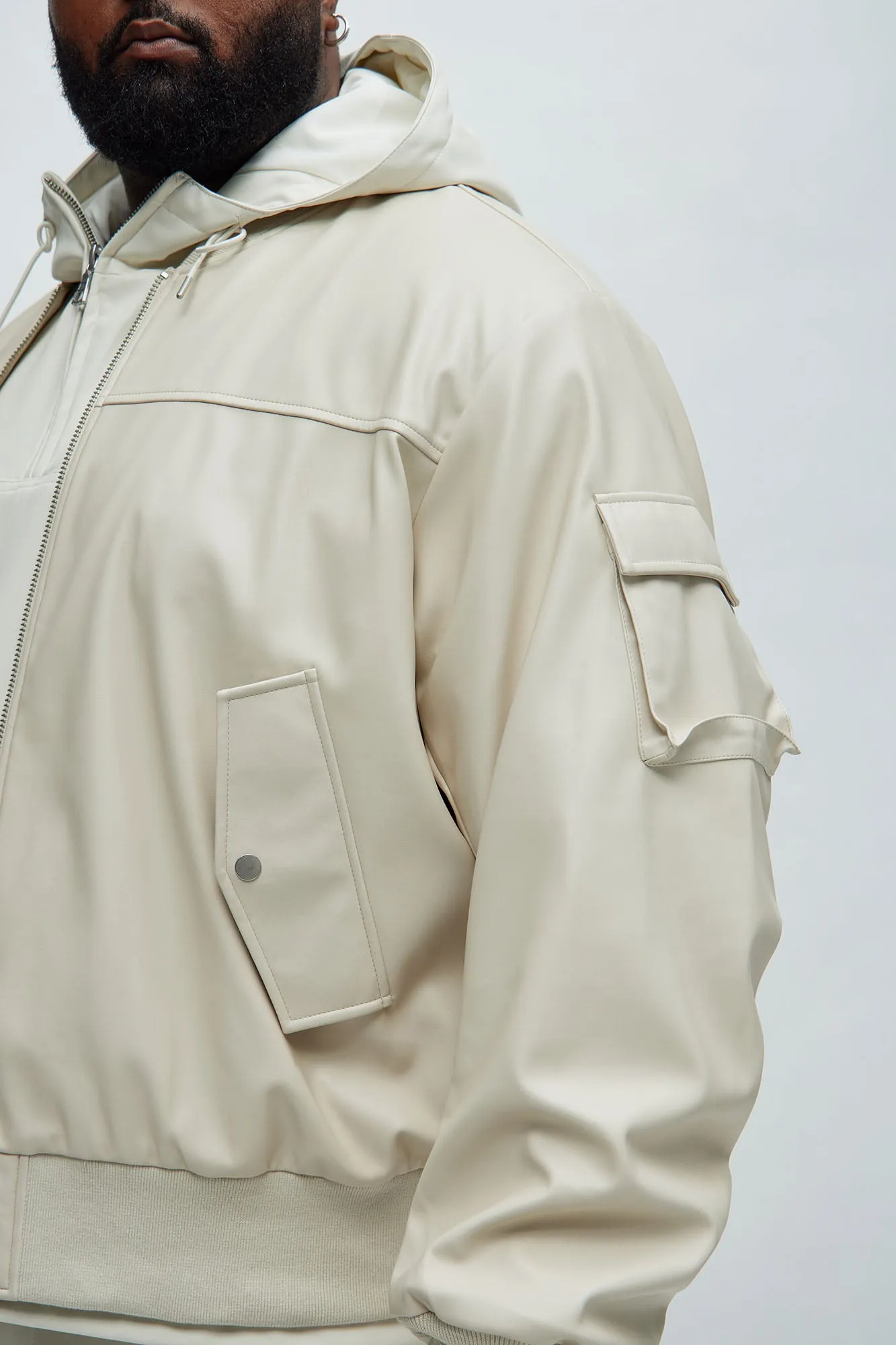 Birmingham Faux Leather Bomber Jacket - Off White