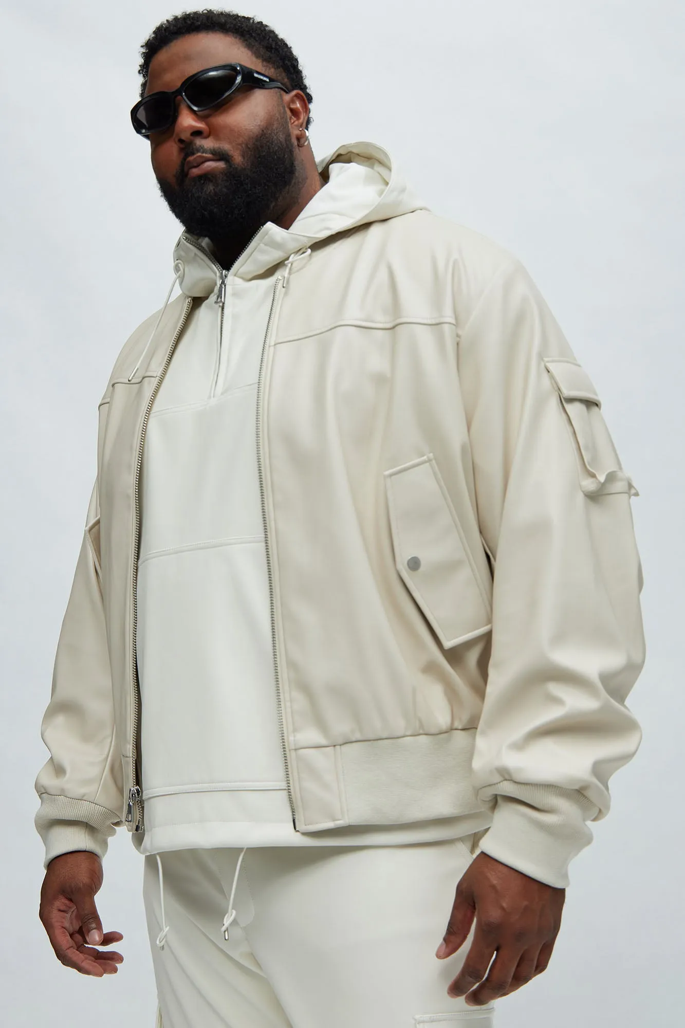 Birmingham Faux Leather Bomber Jacket - Off White