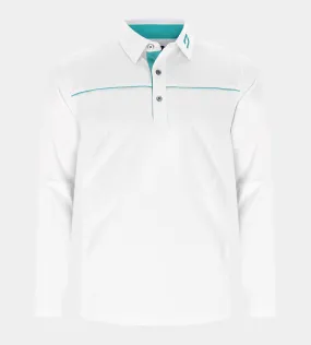 BLOCK PIQUE LONG SLEEVE POLO -  WHITE/TEAL