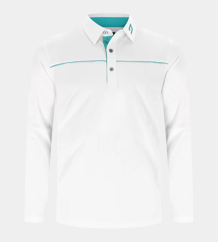 BLOCK PIQUE LONG SLEEVE POLO -  WHITE/TEAL