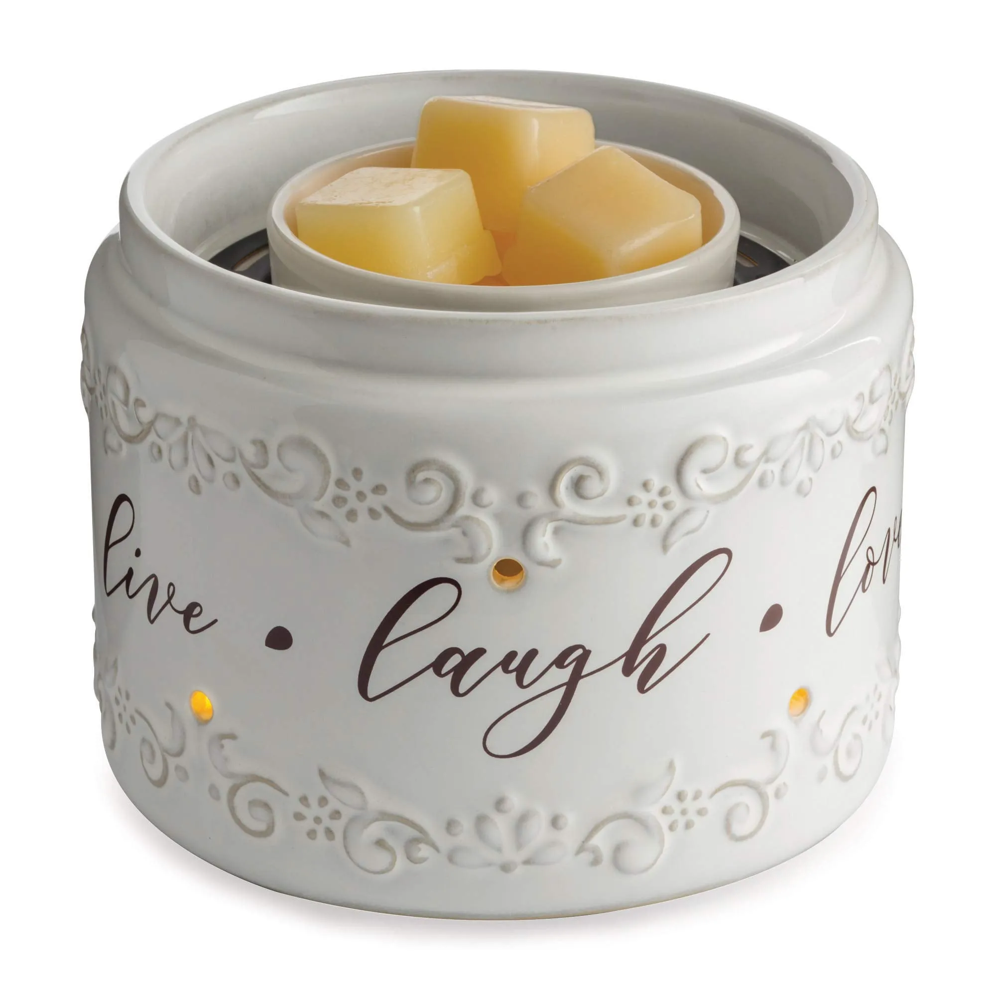 Candle Warmers Etc. Illuminaire Live, Laugh, Love Fan Fragrance Warmer- Whisper Quiet Fan Circulates Scent from Scented Candle Wax Melts and Tarts for Full Room Freshener, White with Brown