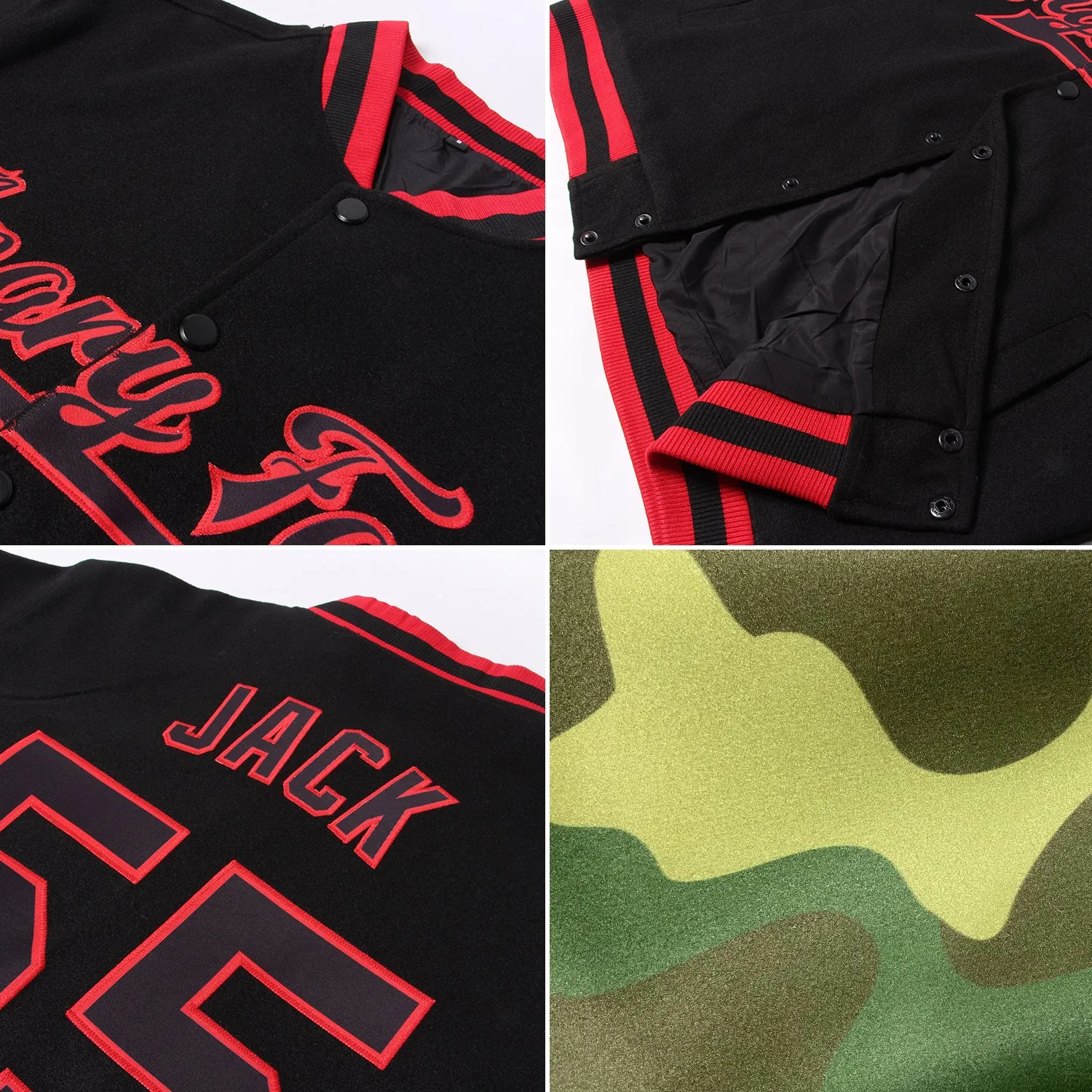 Custom Camo Black-Cream Bomber Full-Snap Varsity Letterman Salute To Service Jacket