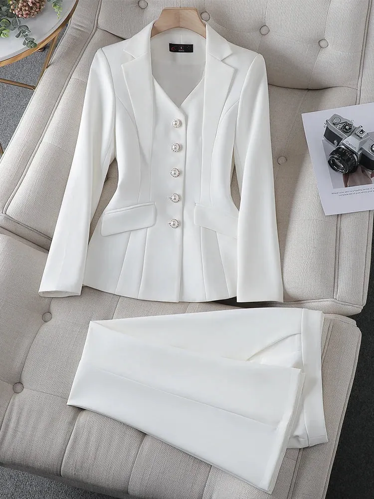 Fashionkova Christmas Gift Outfit  Fashion White Red Black Blazer Jacket And Pant Suit Trousers Women Female Office Ladies Work Wear Formal 2 Piece Set