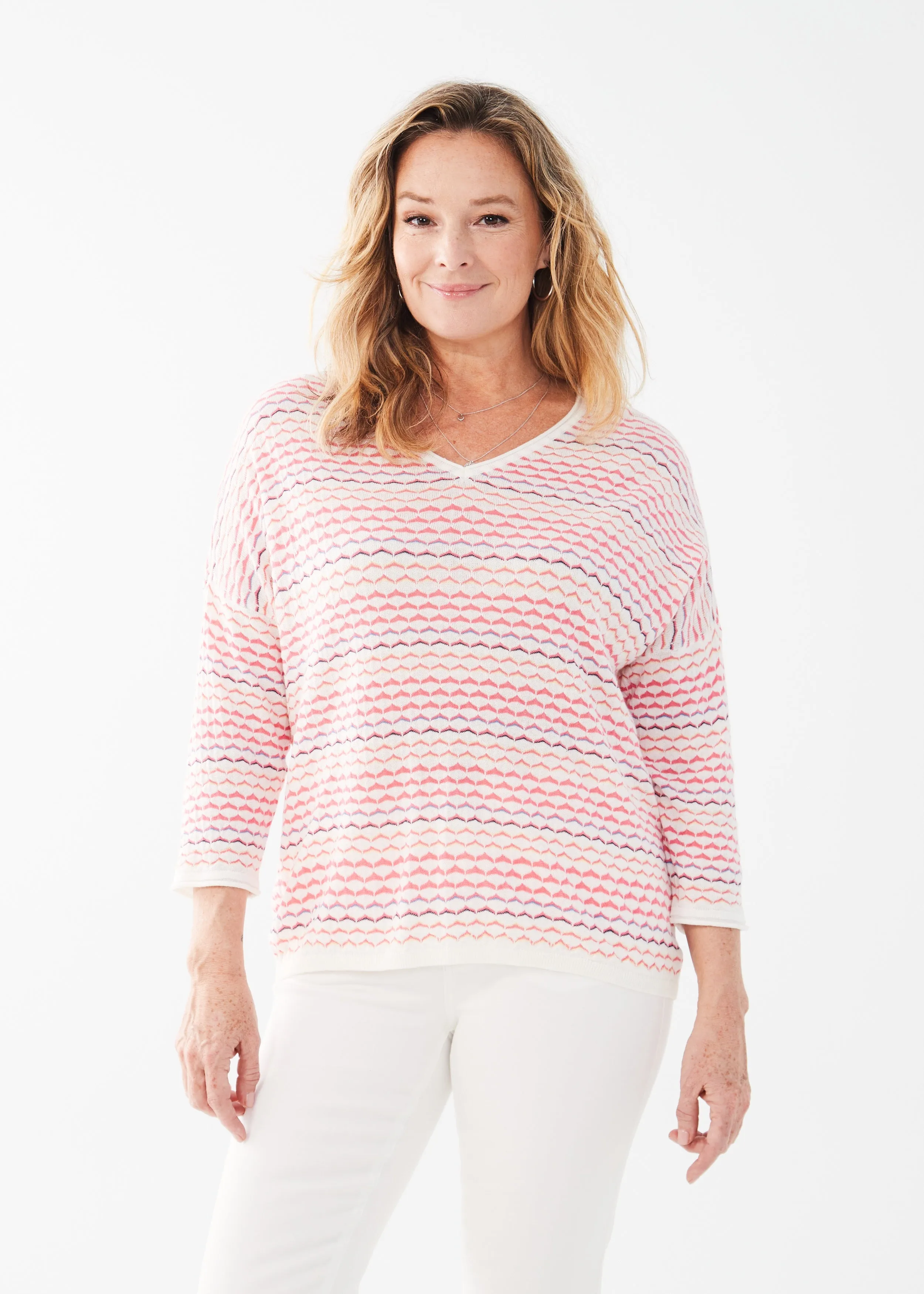 FDJ 3/4 Sleeve V-Neck Sweater 1271624-PKSP Pink Kia Stripe