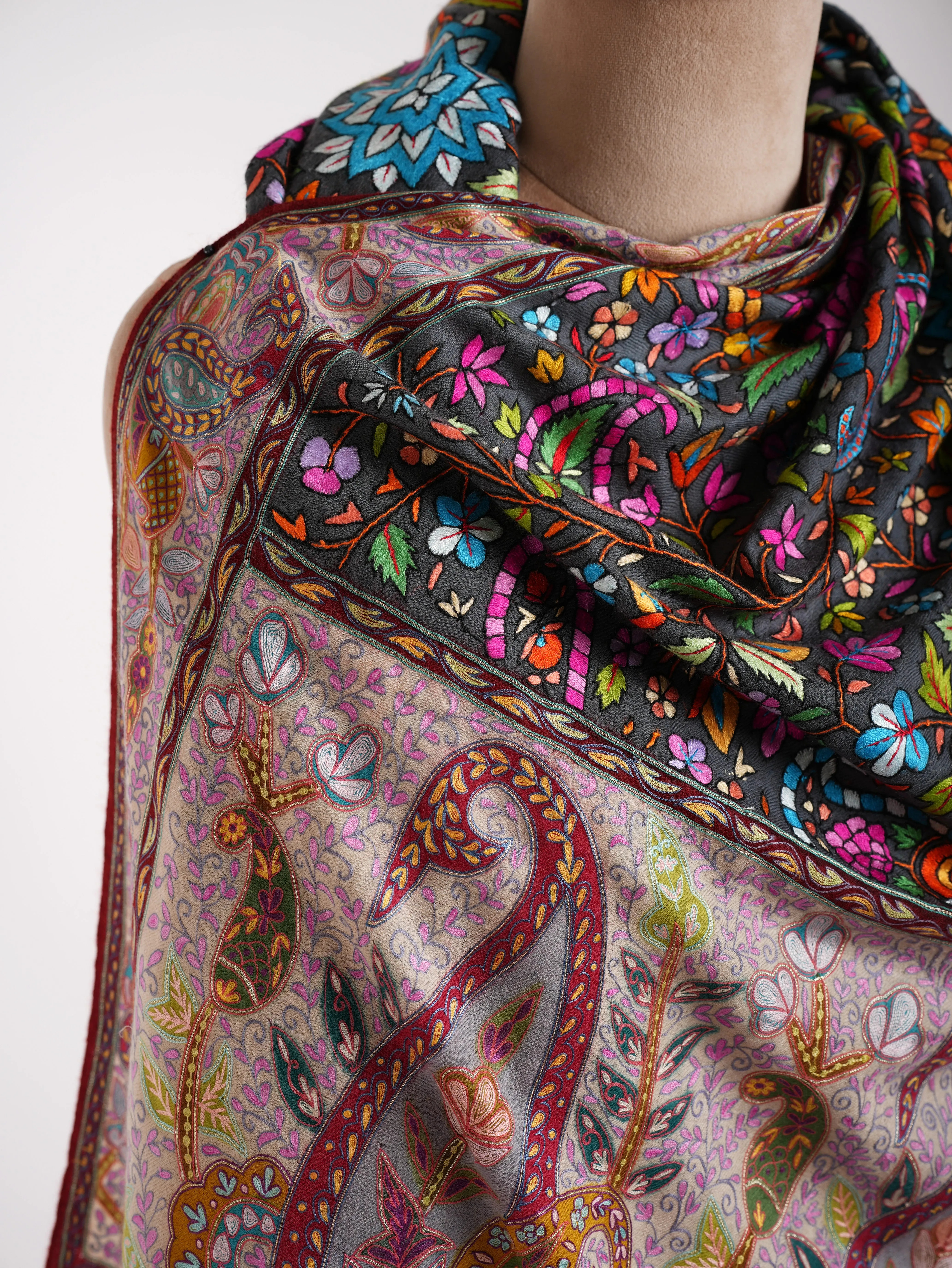 Kalamkari and Papier-mâché Fusion Pashmina Jamavar Shawl
