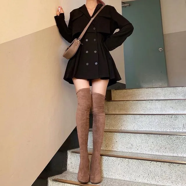 Korean Fashion Cinched Waist Double Breasted Blazer Dress Mini Dress (Black)