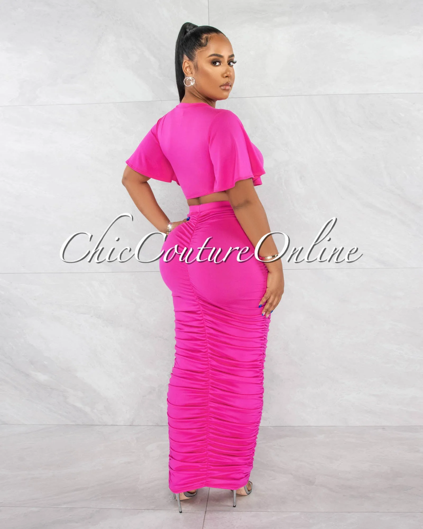 *Pharia Hot Pink Crop Top & Ruched Maxi Skirt Set