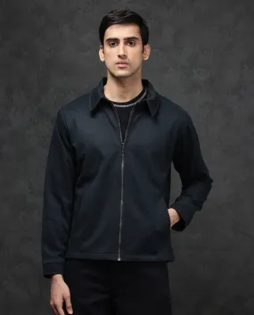 Rare Rabbit Mens Diaz Dark Petrol Collared Neck Full Sleeves Zip Closure Tailored Fit Woven Jacket