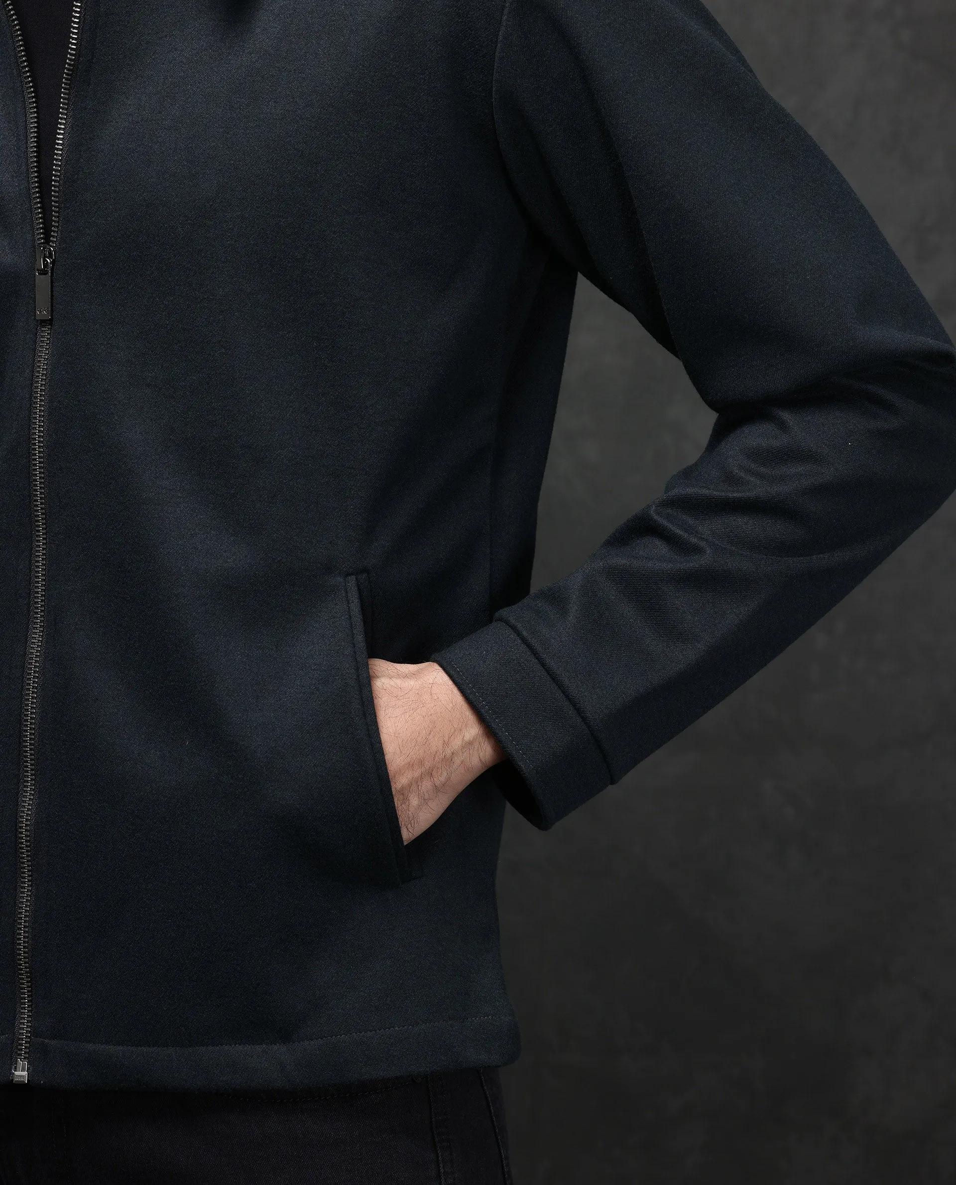 Rare Rabbit Mens Diaz Dark Petrol Collared Neck Full Sleeves Zip Closure Tailored Fit Woven Jacket