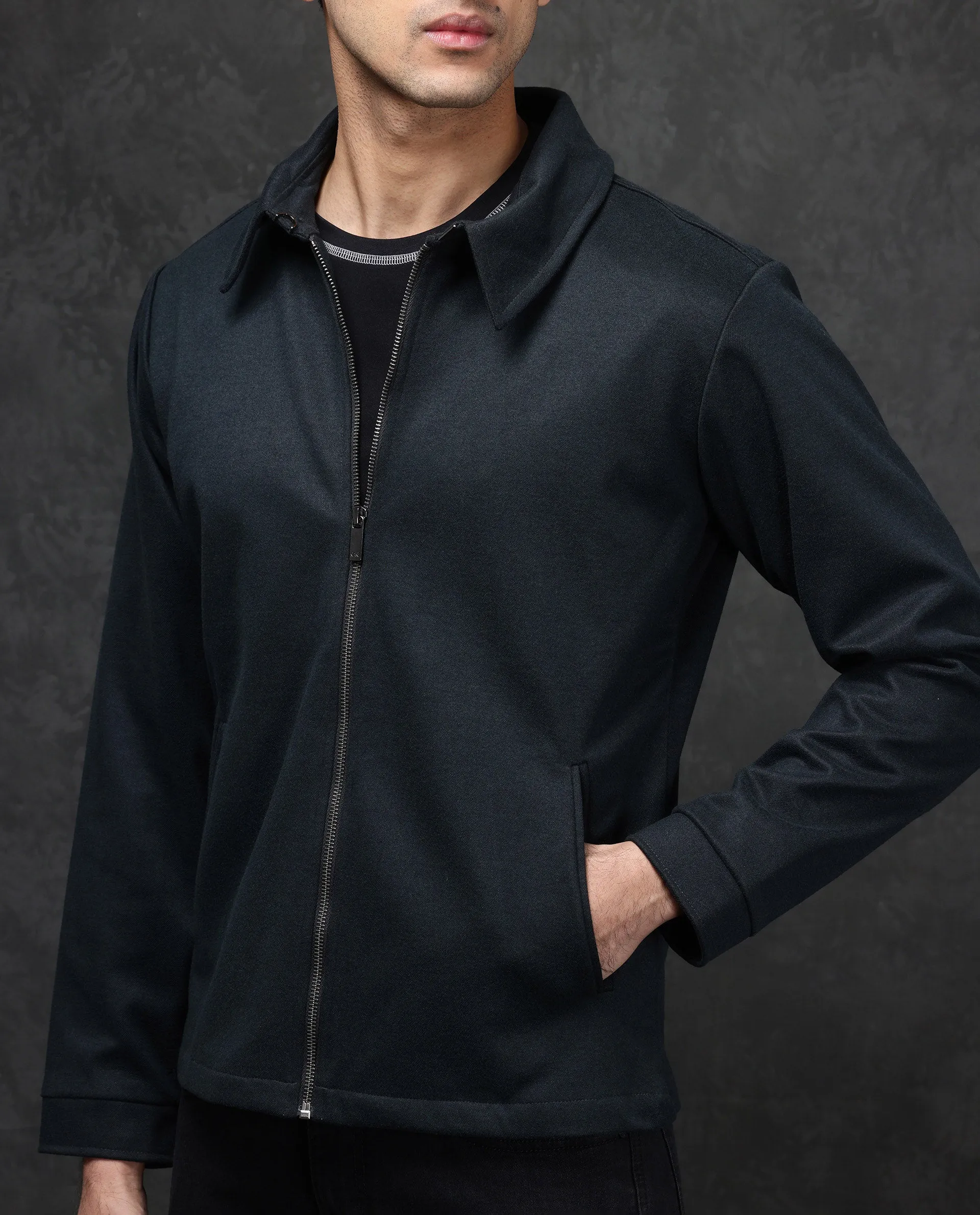 Rare Rabbit Mens Diaz Dark Petrol Collared Neck Full Sleeves Zip Closure Tailored Fit Woven Jacket