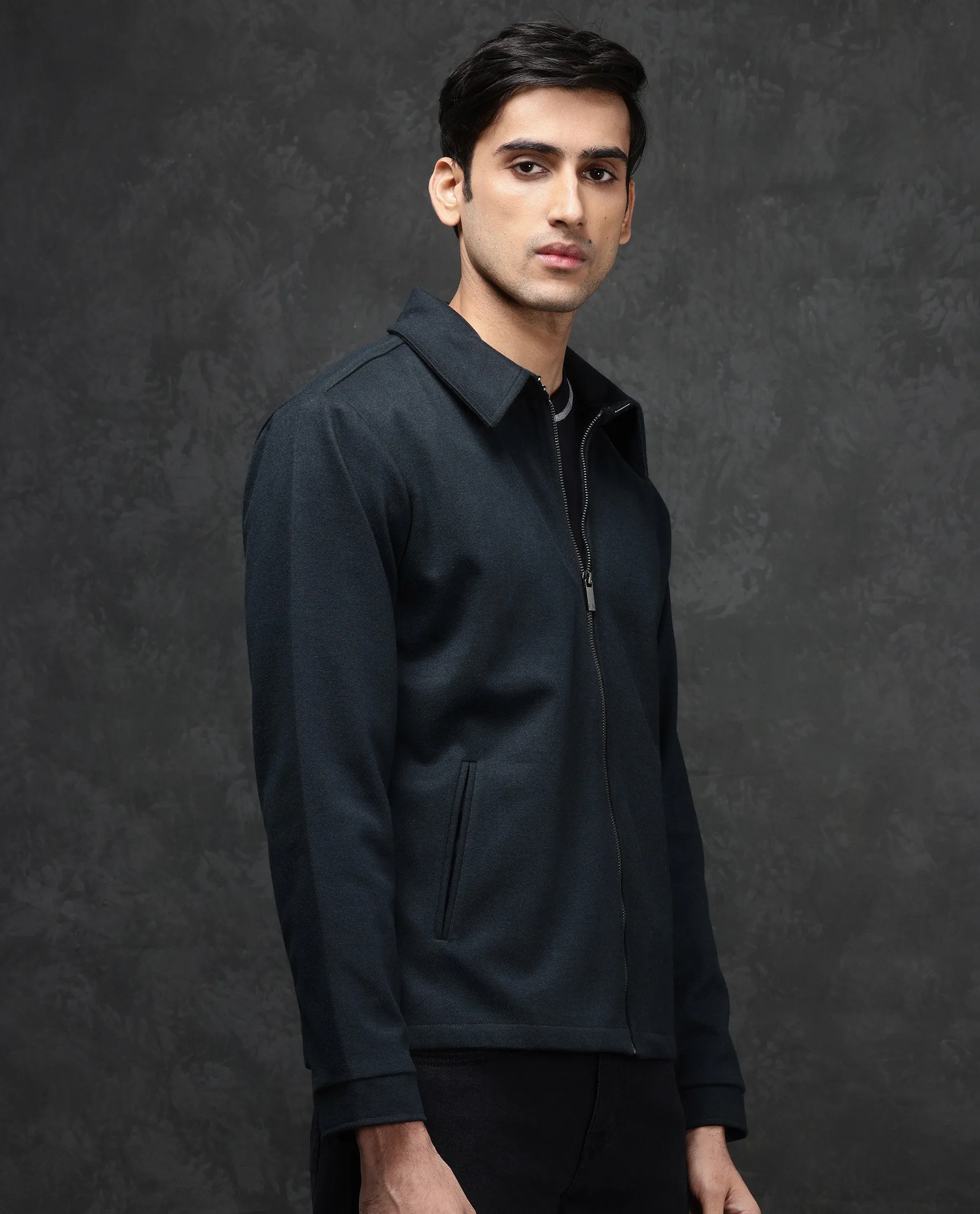 Rare Rabbit Mens Diaz Dark Petrol Collared Neck Full Sleeves Zip Closure Tailored Fit Woven Jacket