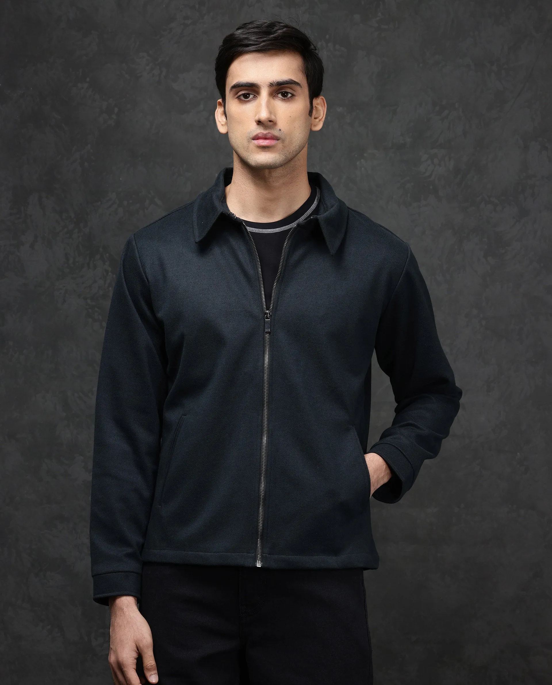 Rare Rabbit Mens Diaz Dark Petrol Collared Neck Full Sleeves Zip Closure Tailored Fit Woven Jacket