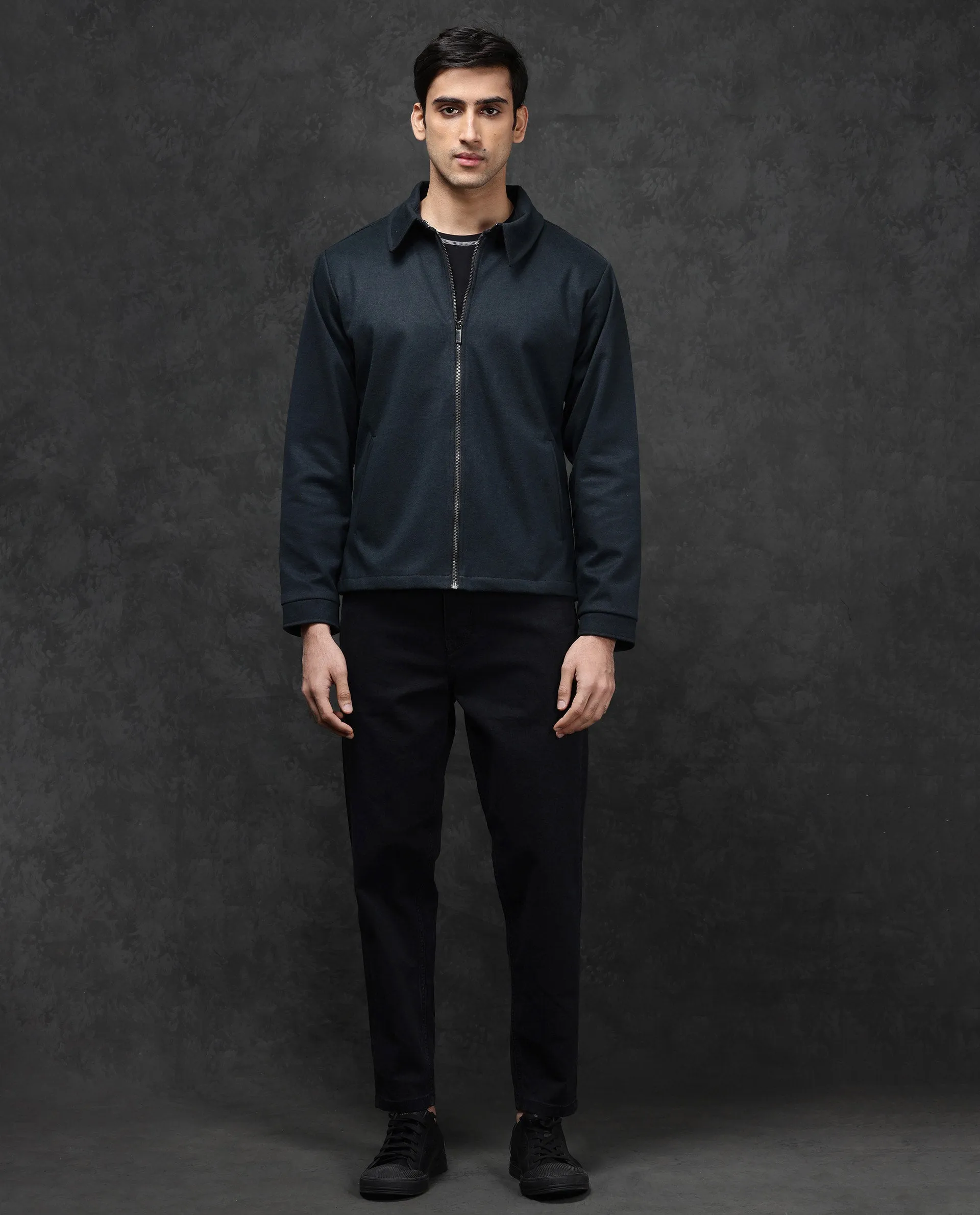Rare Rabbit Mens Diaz Dark Petrol Collared Neck Full Sleeves Zip Closure Tailored Fit Woven Jacket