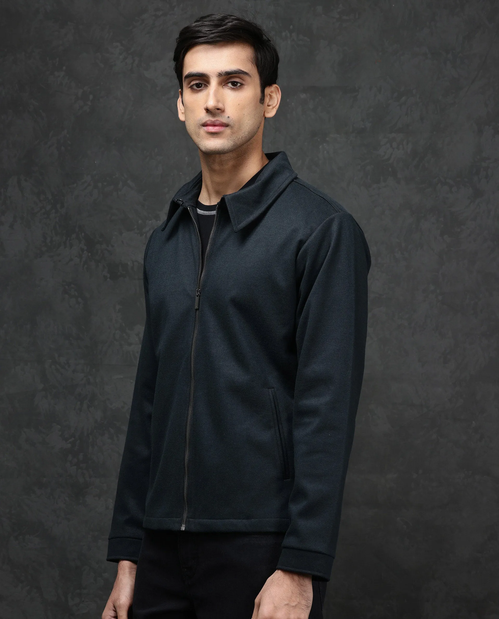 Rare Rabbit Mens Diaz Dark Petrol Collared Neck Full Sleeves Zip Closure Tailored Fit Woven Jacket