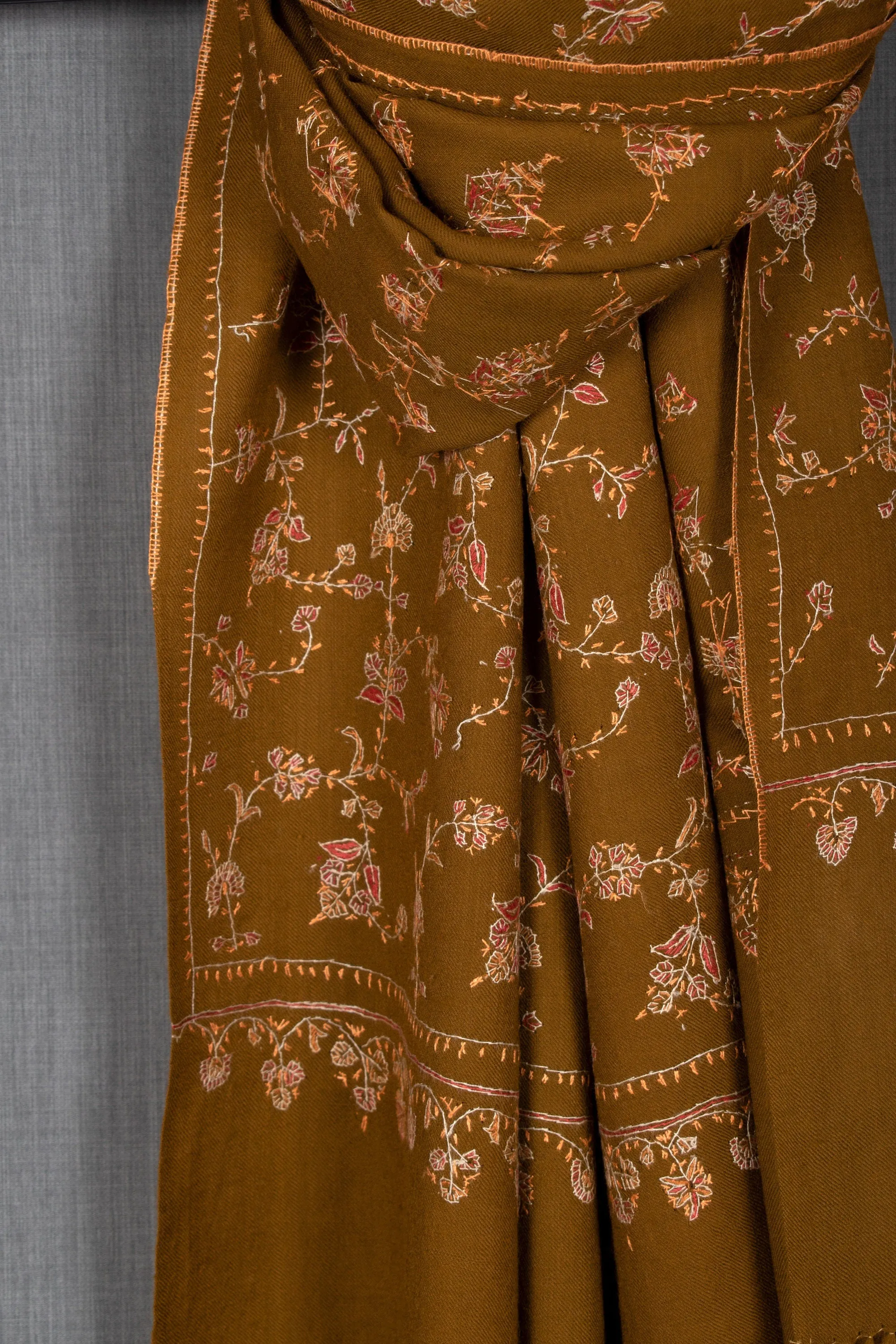 Sozni Fine Wool Scarf, Hand Embroided in Kashmir, 28x80"