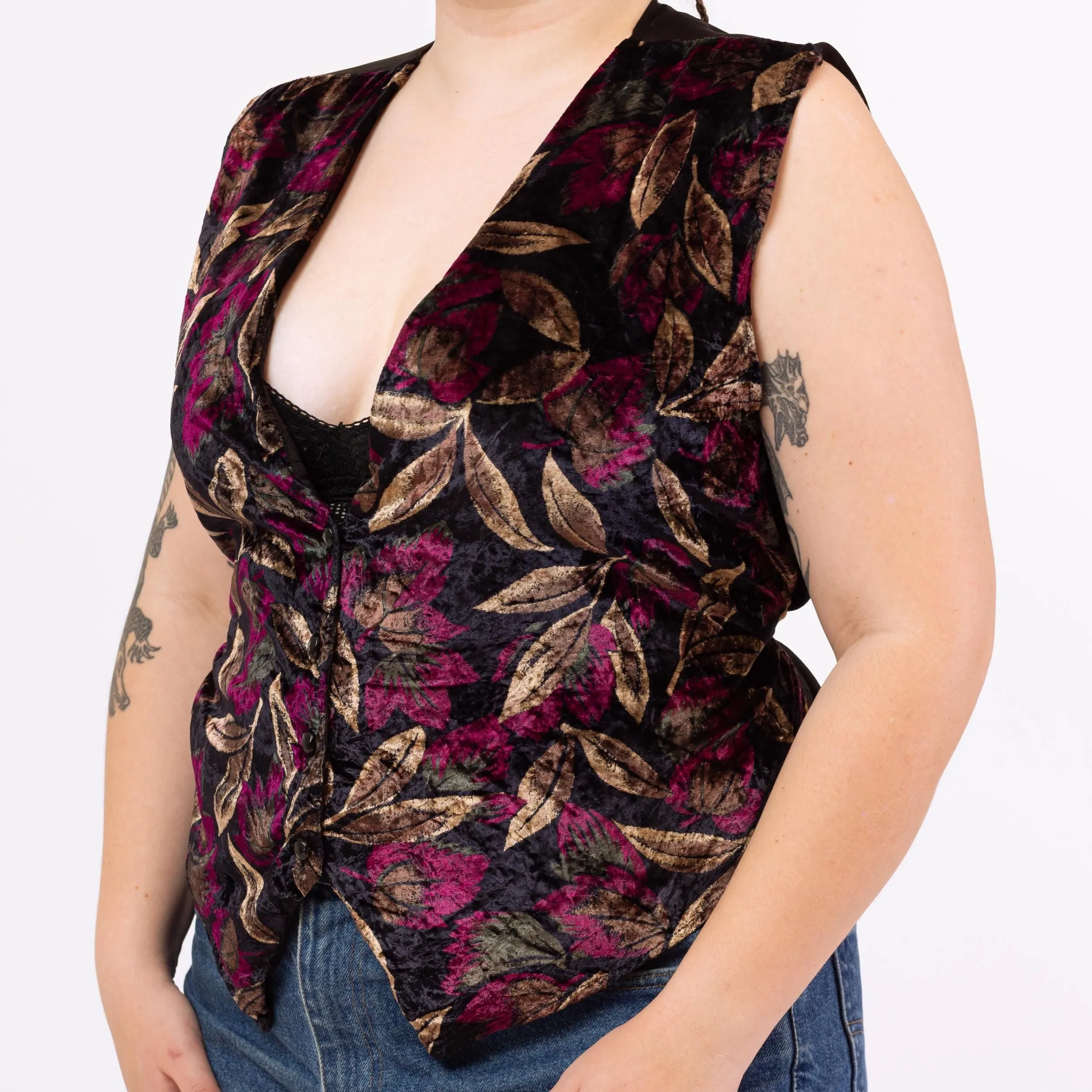 Vintage 80s Crushed Velvet Floral Vest - 1X-2X
