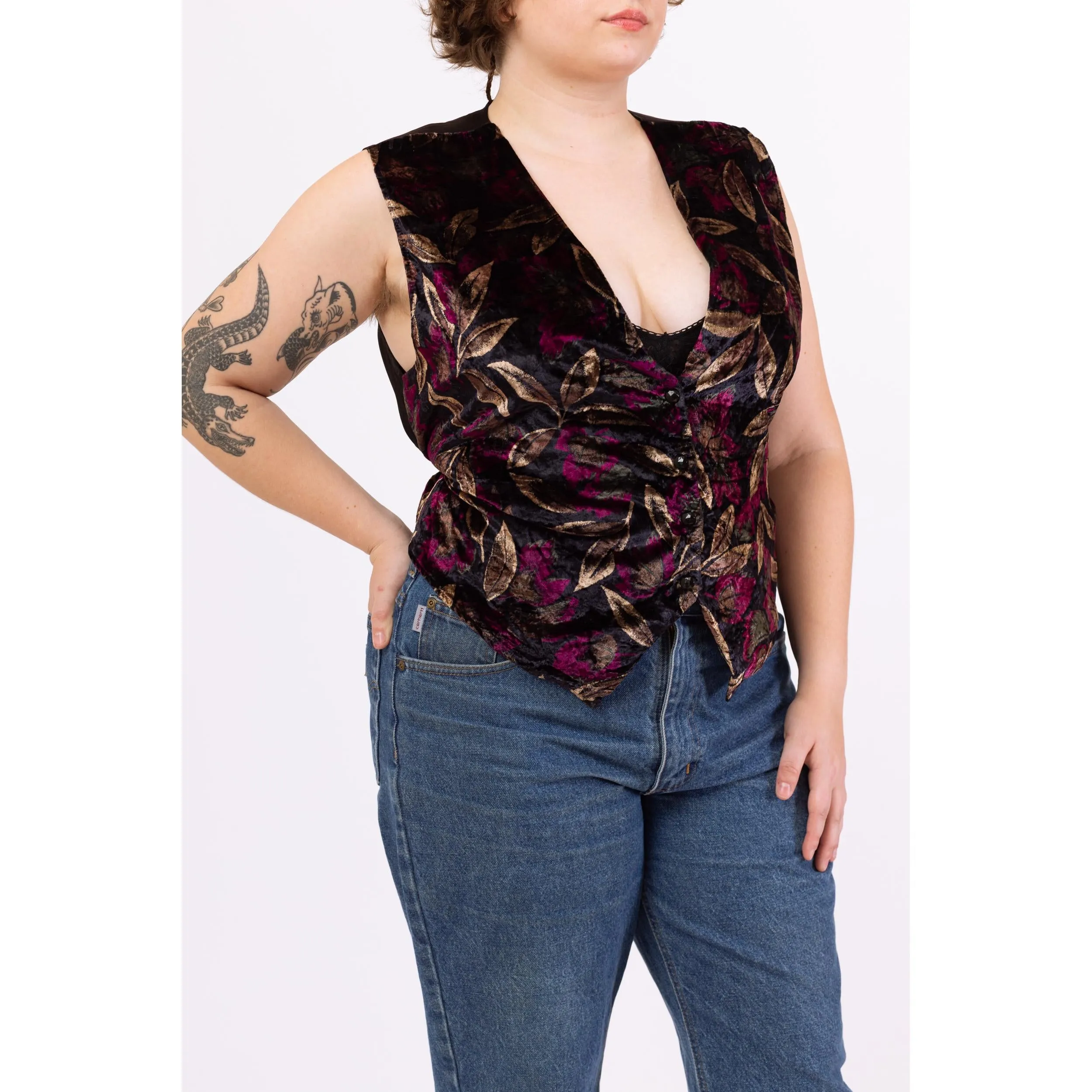 Vintage 80s Crushed Velvet Floral Vest - 1X-2X