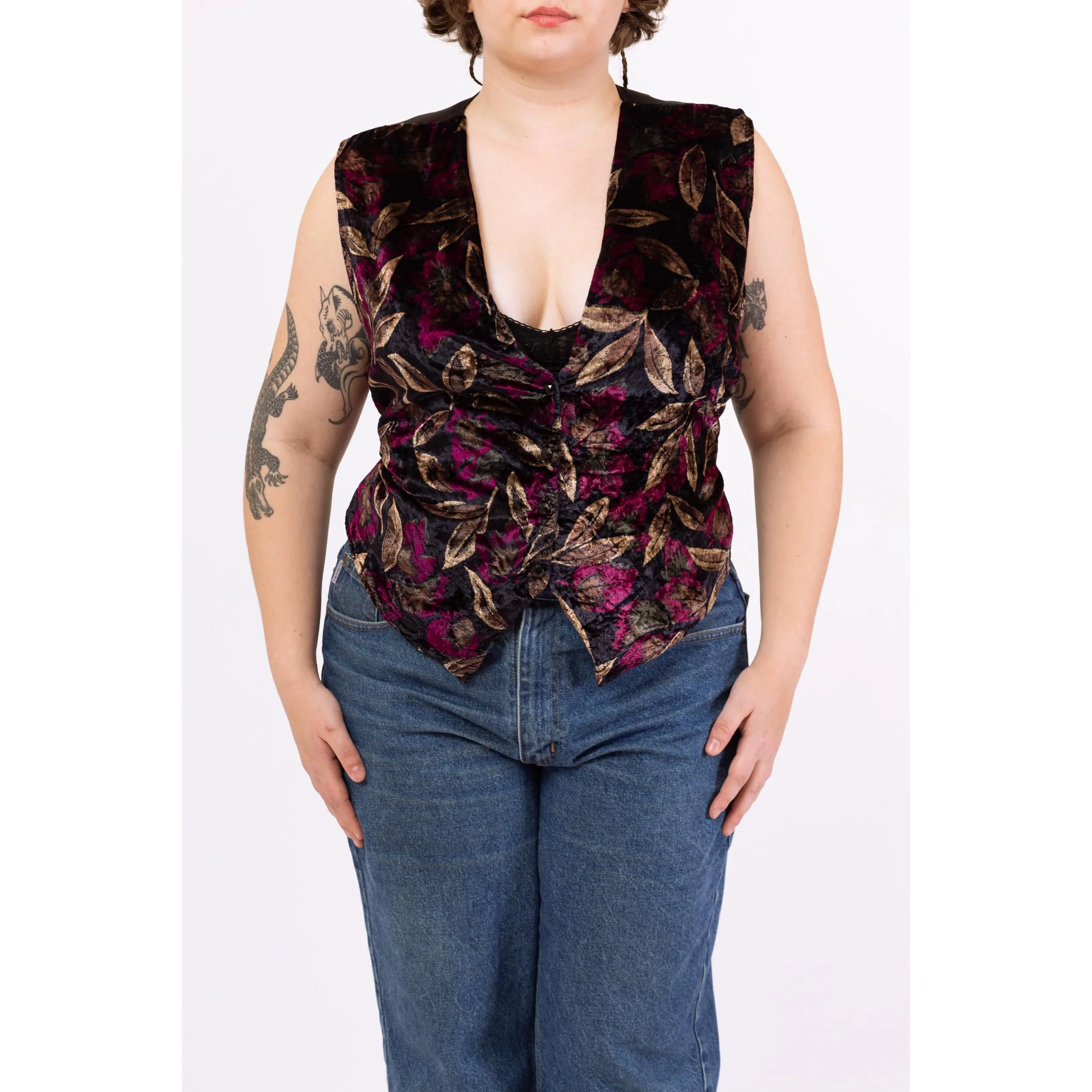 Vintage 80s Crushed Velvet Floral Vest - 1X-2X