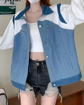 Vintage Splice Denim Coat Women Autumn Winter Korean New Loose Fashion Denim Jacket Top Female Hit Color Blue White S-XL