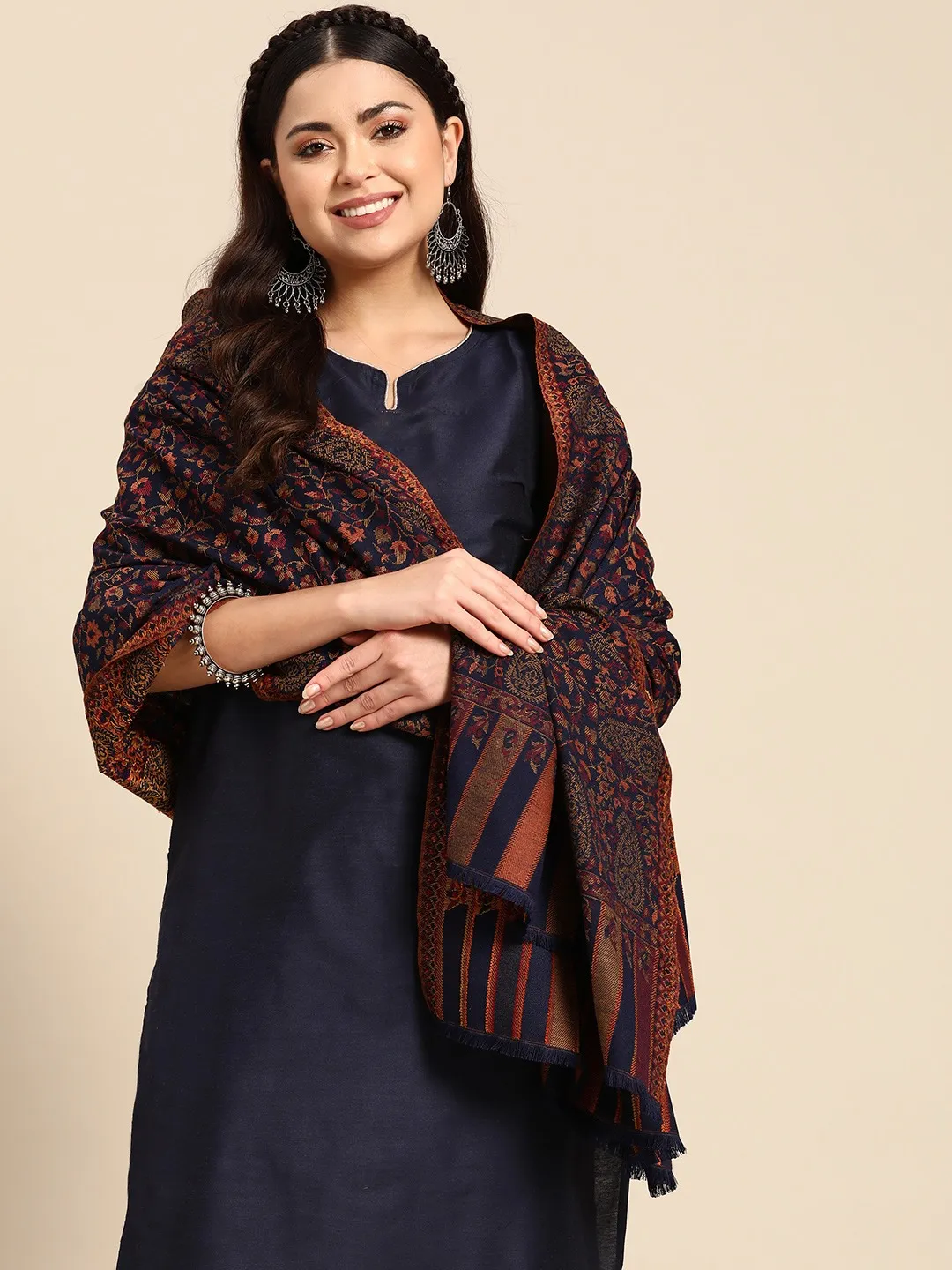 Women Navy Floral Woven Design Jamawar Shawl