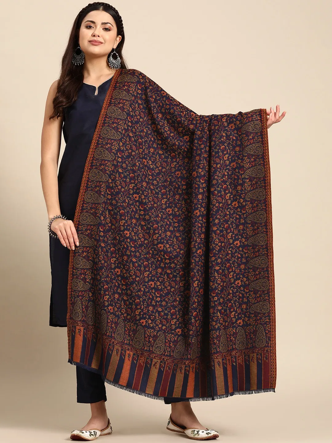 Women Navy Floral Woven Design Jamawar Shawl
