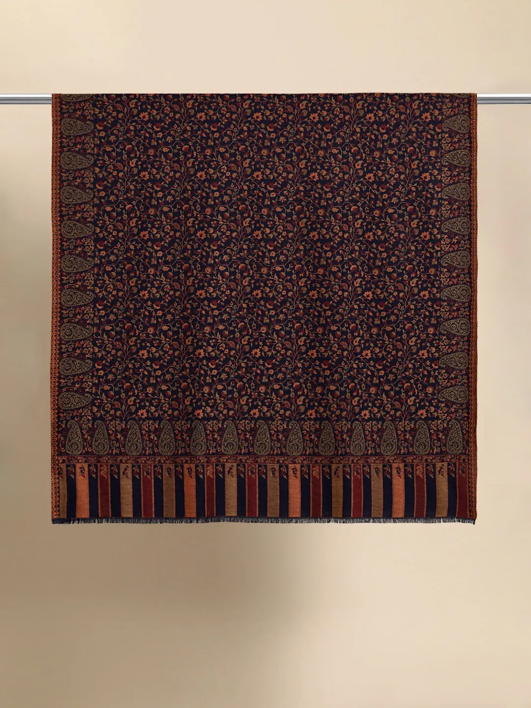 Women Navy Floral Woven Design Jamawar Shawl
