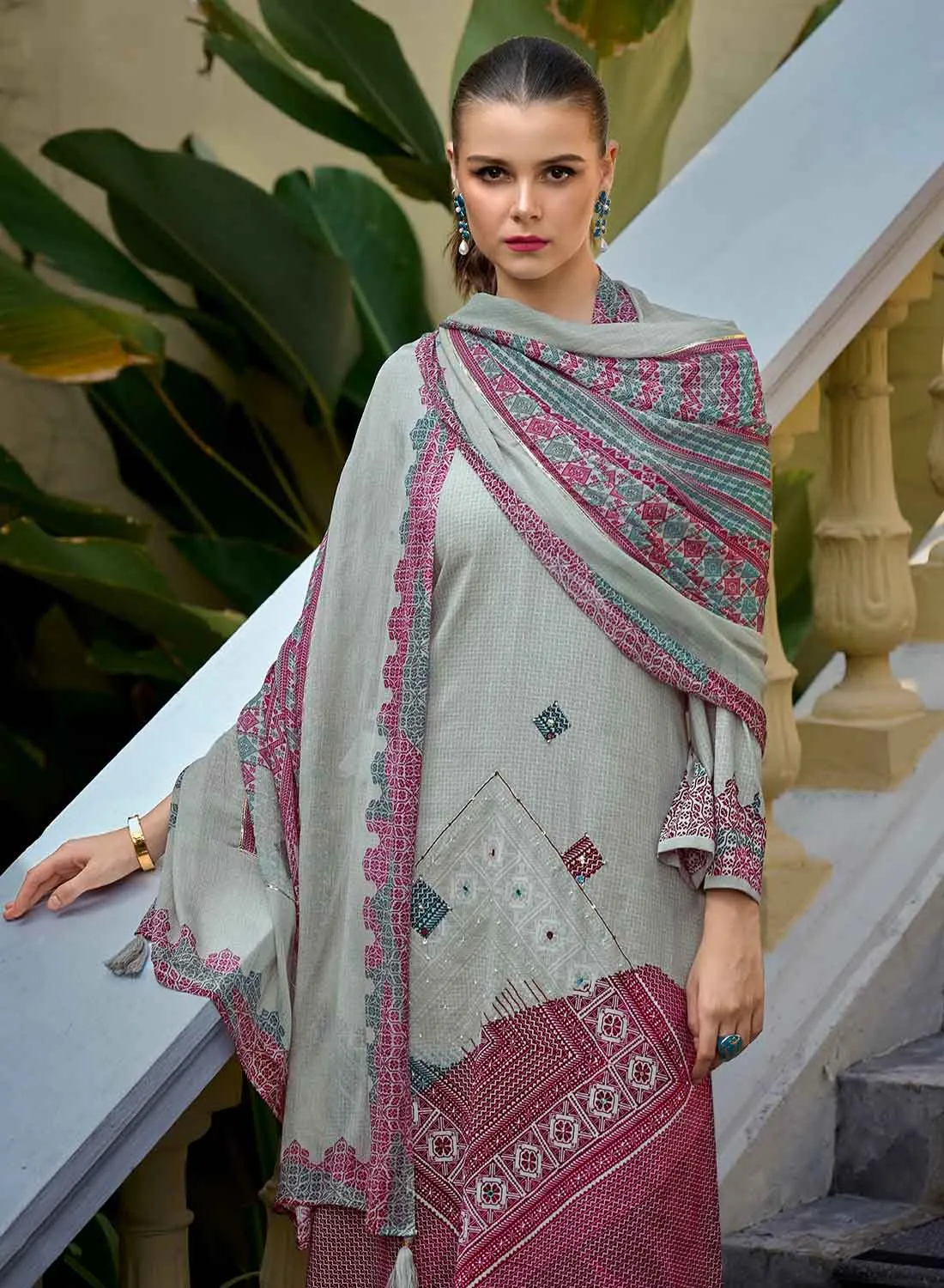 Women's Latest Grey Unstitched Lawn Cotton Salwar Suit Material